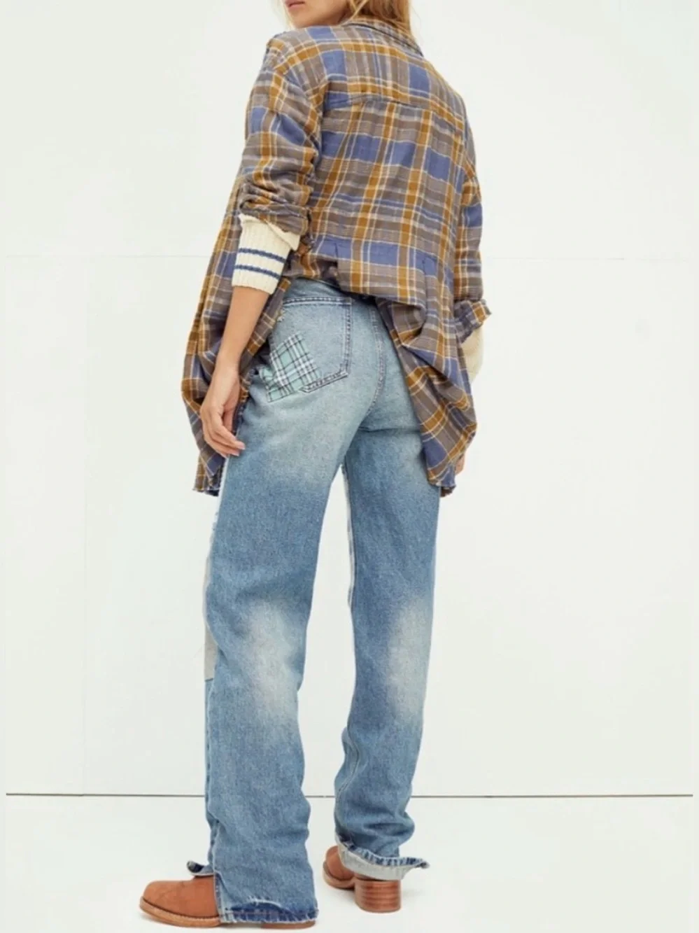 NWOT Free People Steinbeck Patched Straight Leg Jeans - Yukon Valley blue - 27